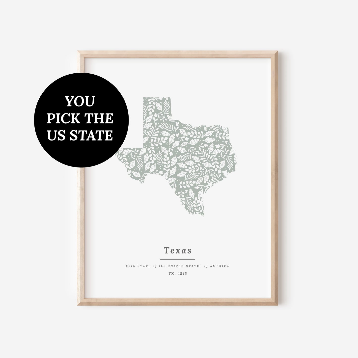 YOU Pick 1 US States USA Map Patterned State Print | Sage Green Floral and Foliage Art
