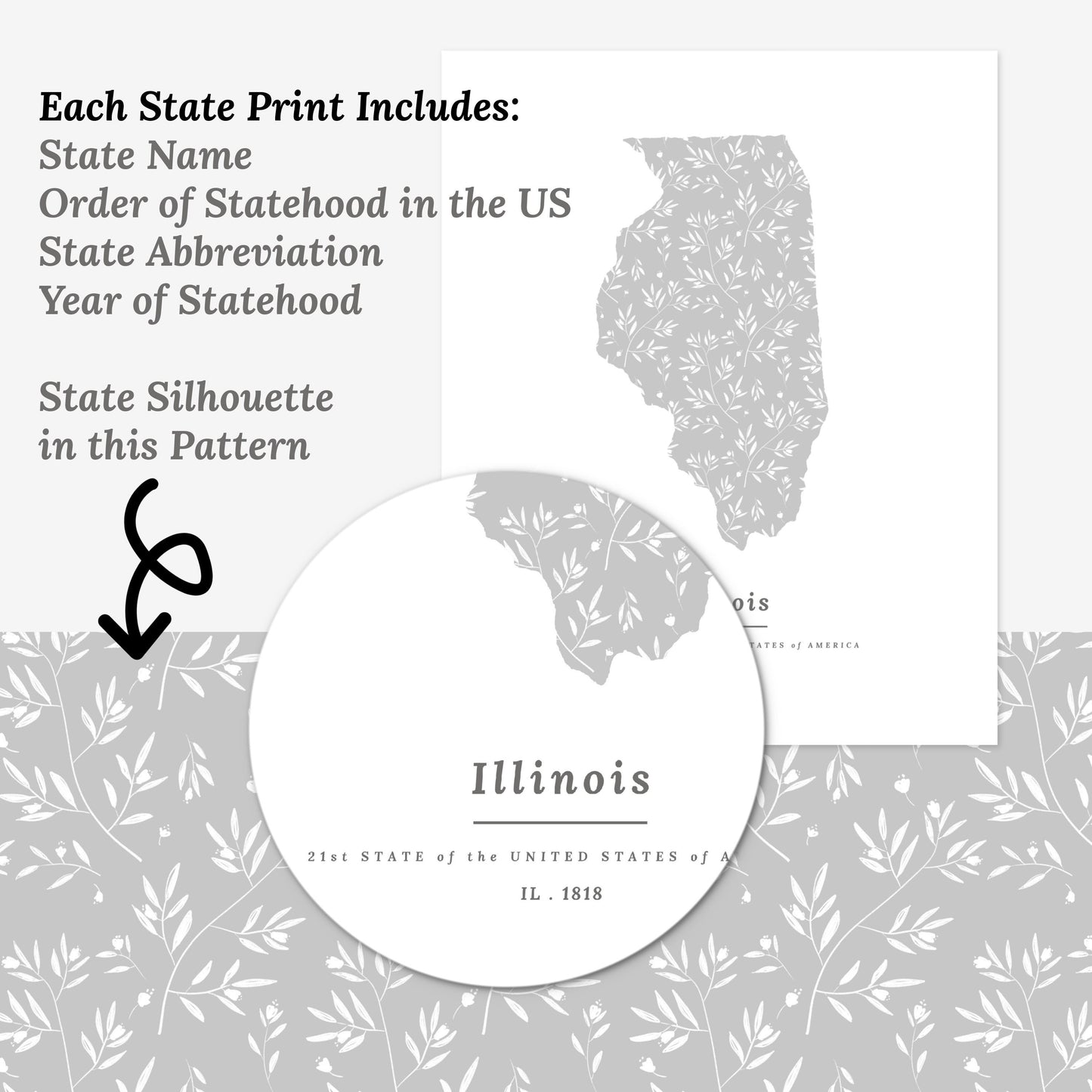 YOU Pick 1 US States USA Map Patterned State Print | Spring Blossom Branch in Light Gray