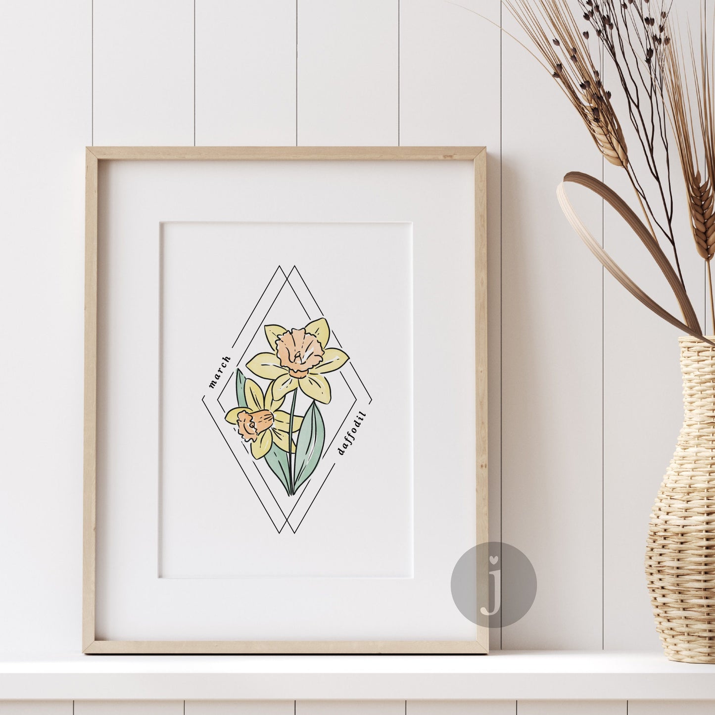 March Daffodil Birth Flower Printable | Watercolor Floral Diamond Frame