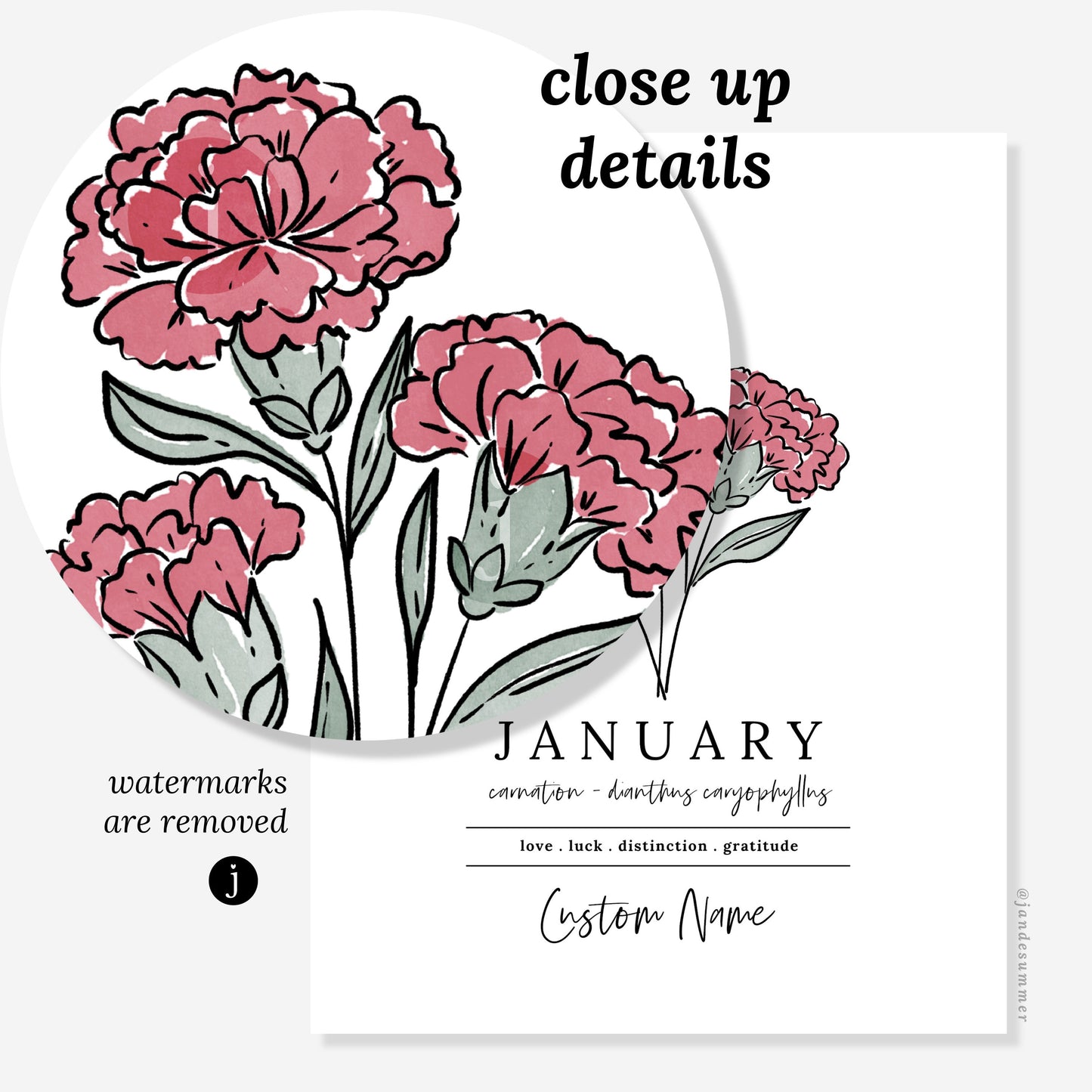 January Red Carnation Birth Flower Personalized Name Unframed Art Print | Gift for Birthdays | Nursery Wall Decor