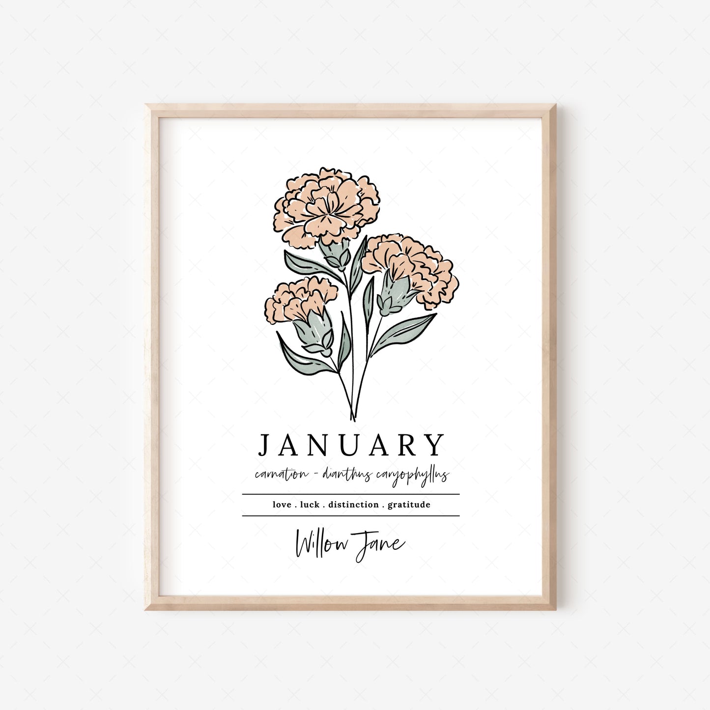 January Carnation Birth Flower Personalized Name Unframed Art Print | Gift for Birthdays | Nursery Wall Decor