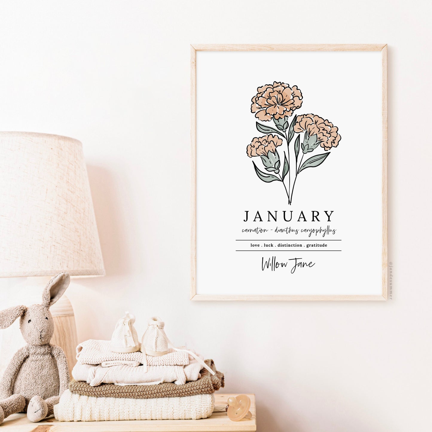 January Carnation Birth Flower Personalized Name Unframed Art Print | Gift for Birthdays | Nursery Wall Decor