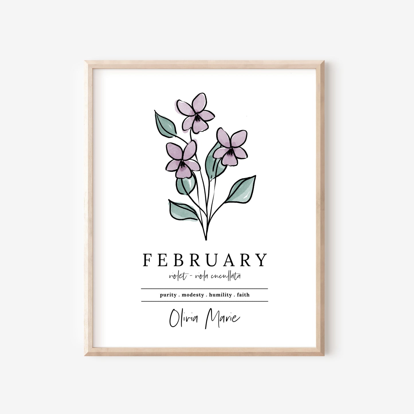 February Purple Violet Birth Flower Personalized Name Unframed Art Print | Gift for Birthdays | Nursery Wall Decor