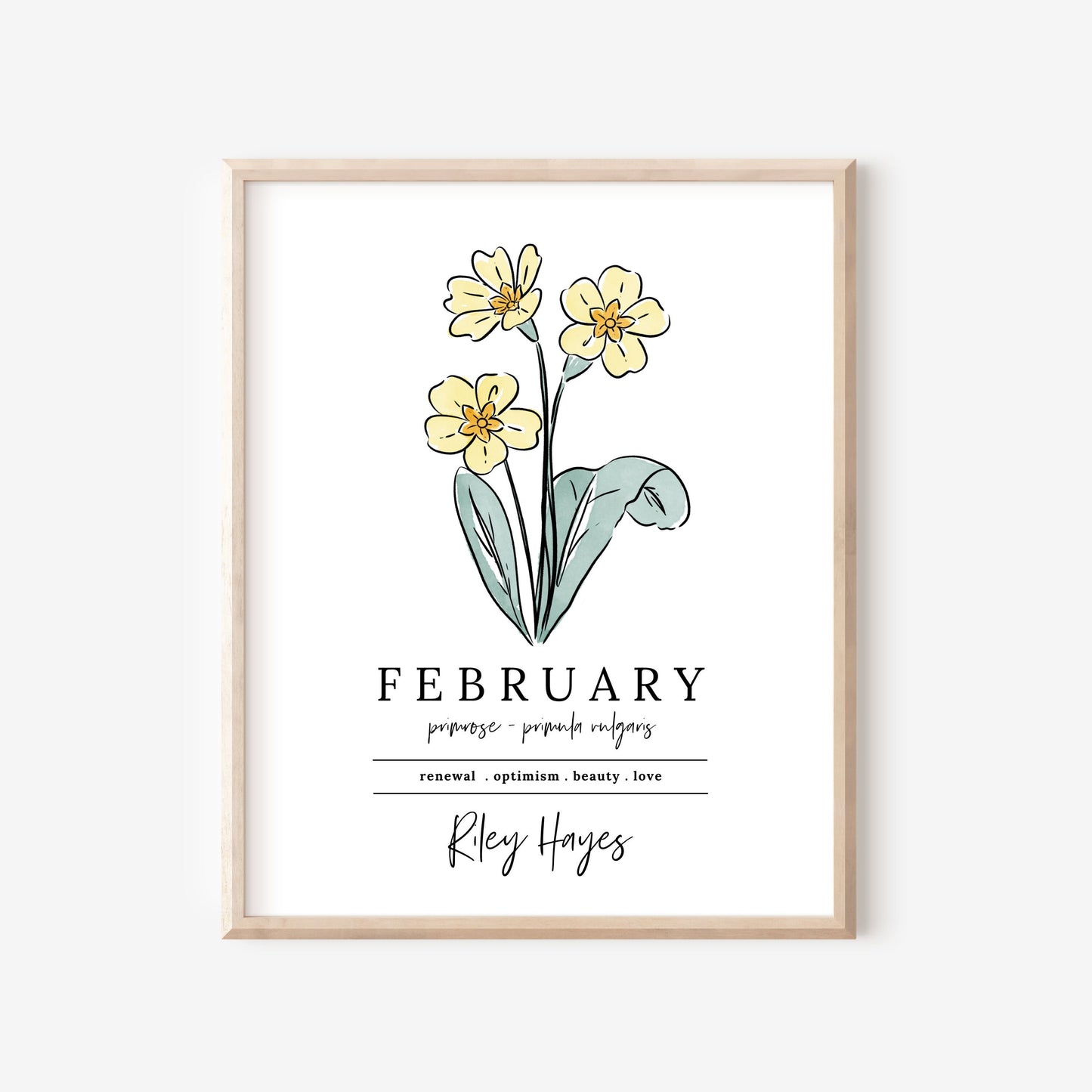 February Yellow Primrose Birth Flower Personalized Name Unframed Art Print | Gift for Birthdays | Nursery Wall Decor