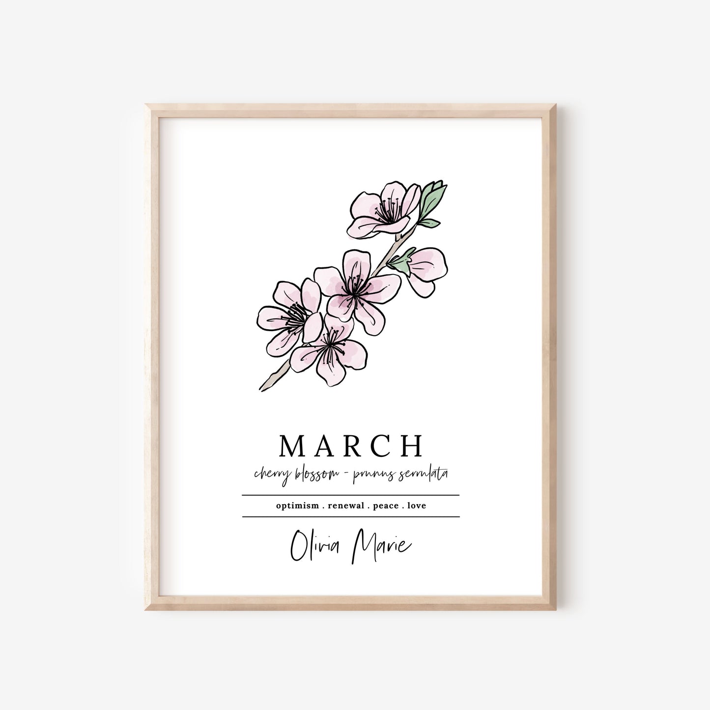 March Cherry Blossom Birth Flower Personalized Name Unframed Art Print | Custom Gift for Birthdays | Nursery Wall Decor