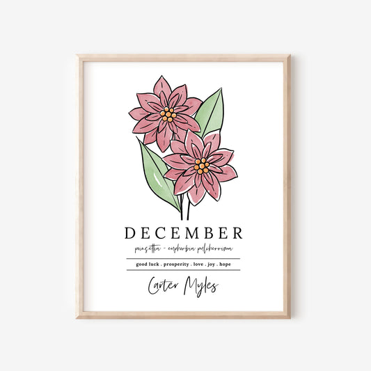 December Poinsettia Birth Flower Personalized Name Unframed Art Print | Custom Gift for Birthdays | Nursery Wall Decor | Floral Wall Decor