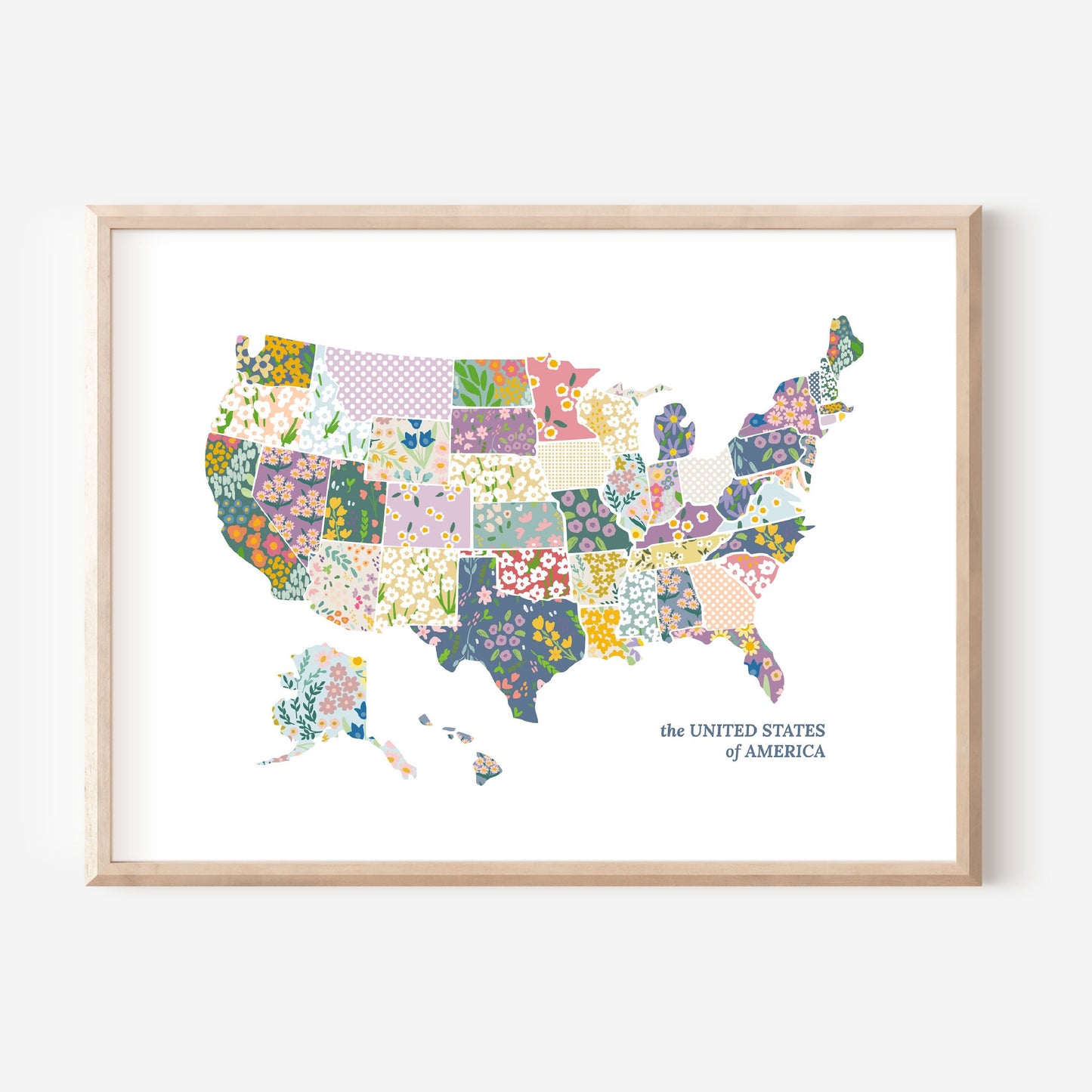 USA Map Poster | Wildflower Meadow | United States of America Patterned Art Print | 5X7 8X10 11X14 11X17 Classroom Nursery Wall Decor