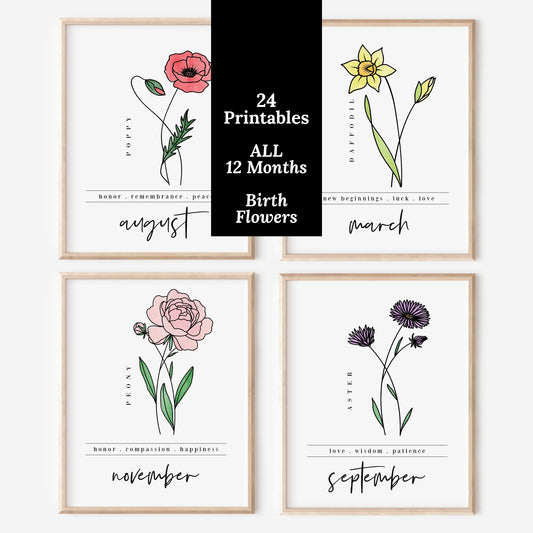 24 Pk Birth Flower Bundle Printables | 12 Month Floral Line Art Watercolor Wall Art Decor | Full Year Birth Flower Digital Pack