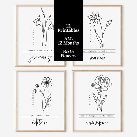 21 PK Birth Flower Bundle Printables | 12 Month Floral Line Art Black & White Wall Art Decor | Full Year of Birthday Gifts