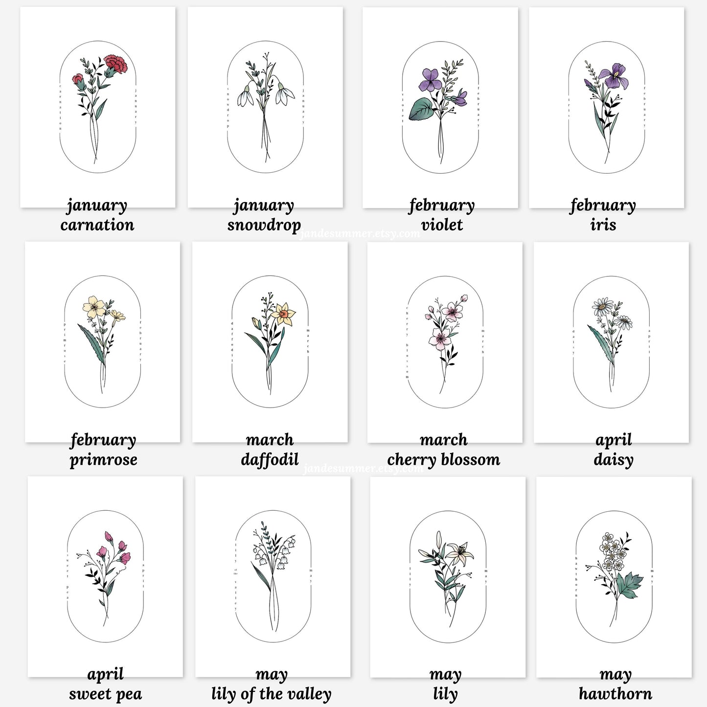 27 PK Birth Flower Art Printables | Watercolor Simple Floral Line Art Printable | Best Birthday Gift For All Ages