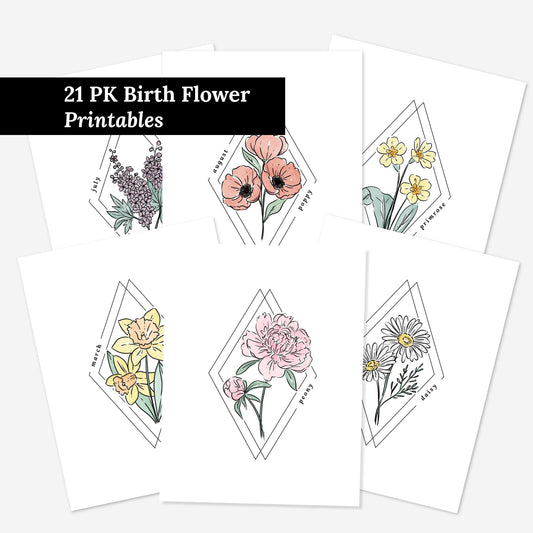 21 Pk Birth Flower Bundle Printables | 12 Months Diamond Frame Floral Line Watercolor Art Digital Wall Decor