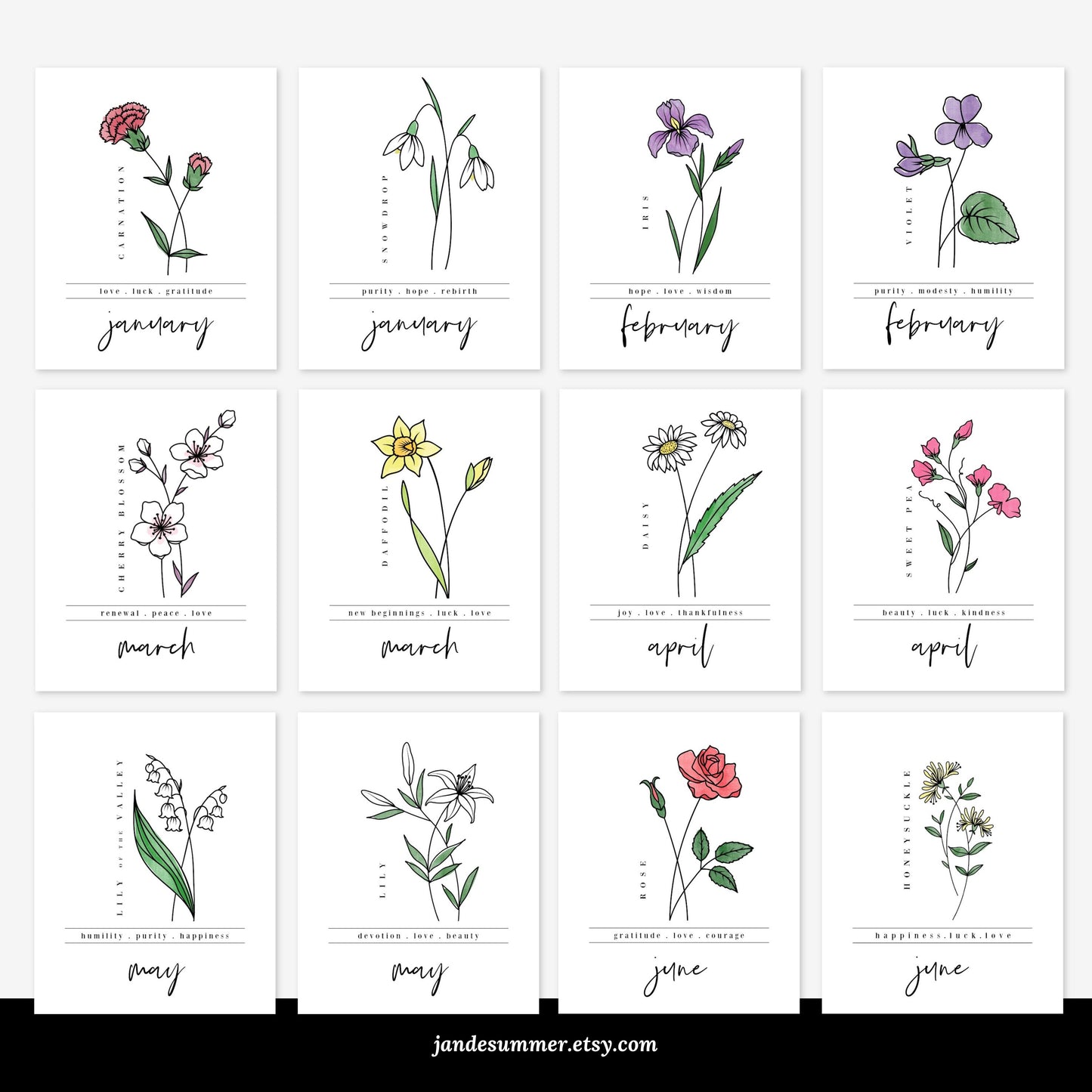 24 Pk Birth Flower Bundle Printables | 12 Month Floral Line Art Watercolor Wall Art Decor | Full Year Birth Flower Digital Pack