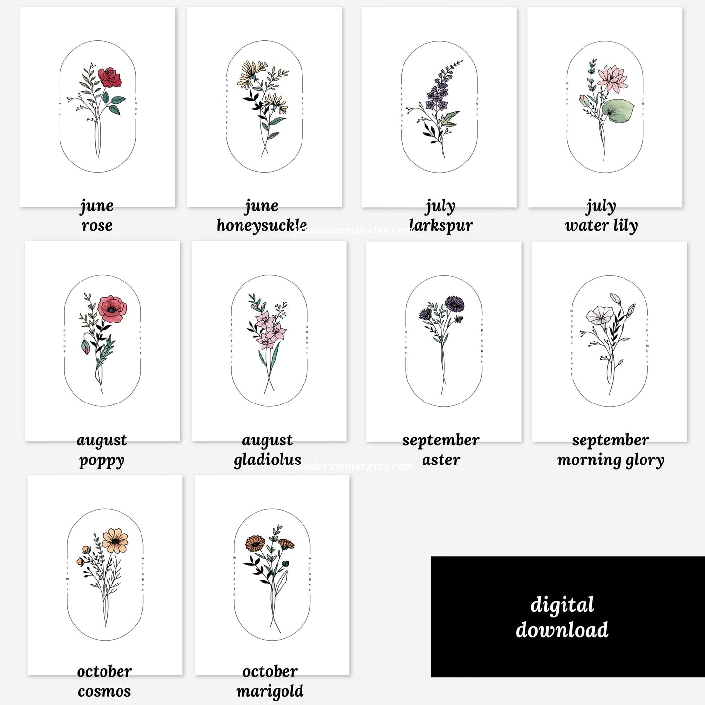 27 PK Birth Flower Art Printables | Watercolor Simple Floral Line Art Printable | Best Birthday Gift For All Ages