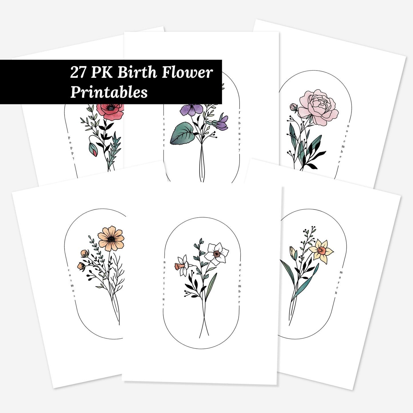 27 PK Birth Flower Art Printables | Watercolor Simple Floral Line Art Printable | Best Birthday Gift For All Ages