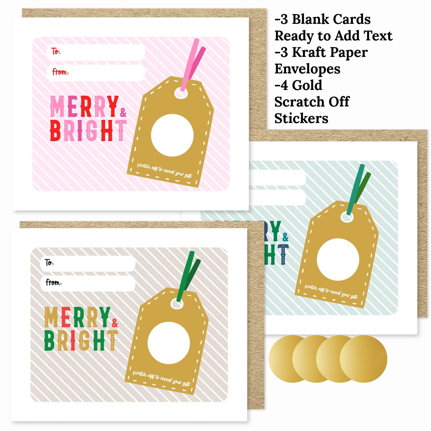 3 PK DIY Custom Text Scratch Off Christmas Holiday Gift Card | Personalized Gift Tag Surprise Ticket Voucher