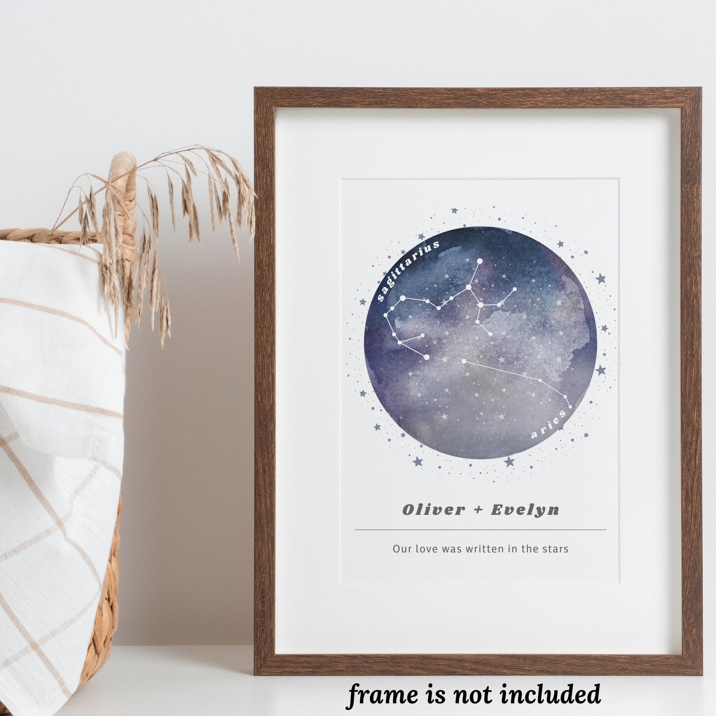 Couples Custom Name & Zodiac Print | Watercolor Nebula Galaxy Art Horoscope Star Chart Personalized Name Signs and Phrase