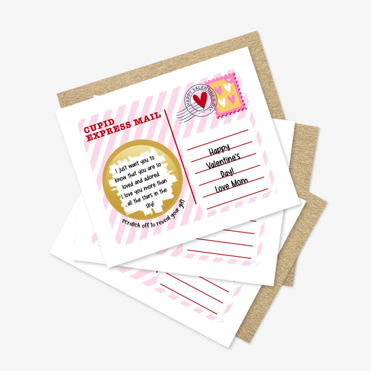 3 PK DIY Custom Text Scratch Off Cupid Express Mail Valentines Day Gift Voucher Flat Note Card | Personalized Gift Surprise Message