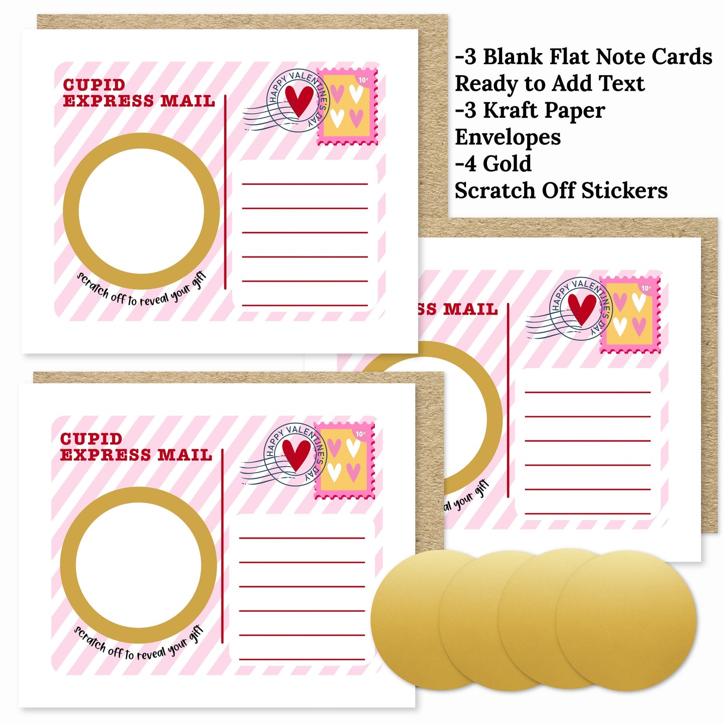 3 PK DIY Custom Text Scratch Off Cupid Express Mail Valentines Day Gift Voucher Flat Note Card | Personalized Gift Surprise Message